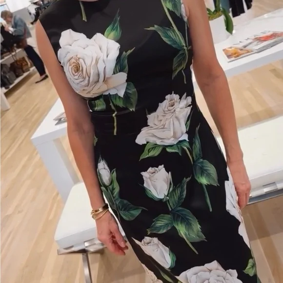 Dolce & Gabbana Black Midi Dress with White Rose Print - Picture 3 of 8